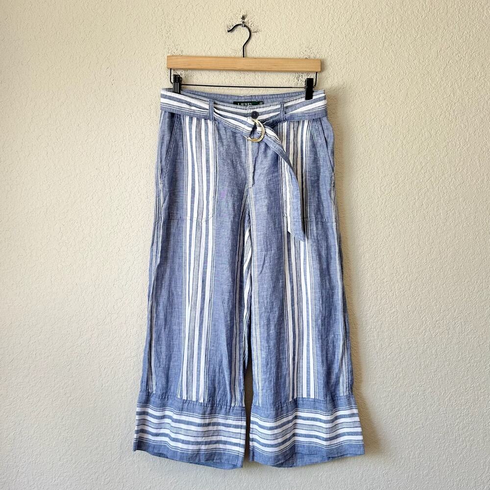 LAUREN RALPH LAUREN Pants Blue Striped Linen Cropped Wide Leg Belted
